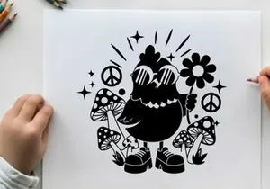 Groovy silhouette bird wearing sunglasses with flowers and mushrooms