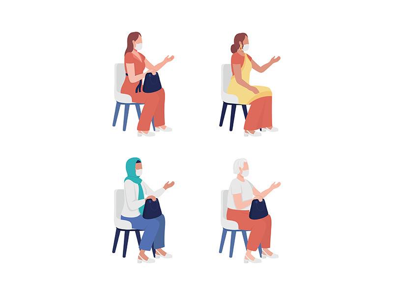 Sitting women with face masks semi flat color vector characters set