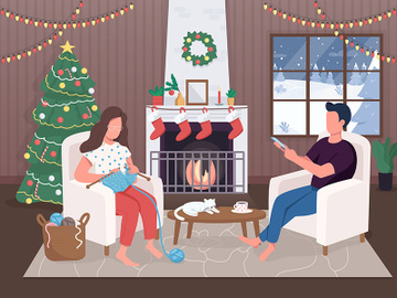 Christmas evening flat color vector illustration preview picture