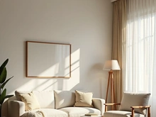 Modern cozy living room interior with sunlight, wooden furniture