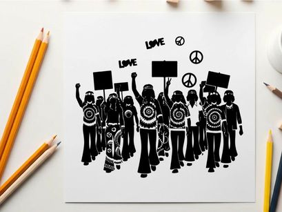 Silhouette of a peaceful protest with signs and symbols