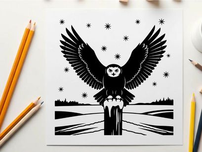 Silhouette of an owl perched on a post under starry night sky