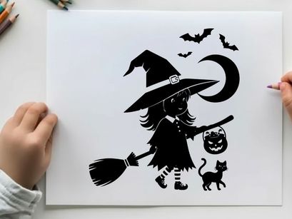 Little witch silhouette with broom cat and pumpkins on halloween night