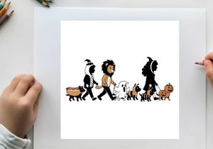 Silhouette of people walking with various dogs in a line
