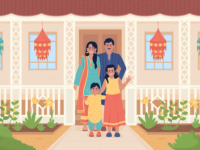 Celebrating Diwali with family flat color vector illustrations set