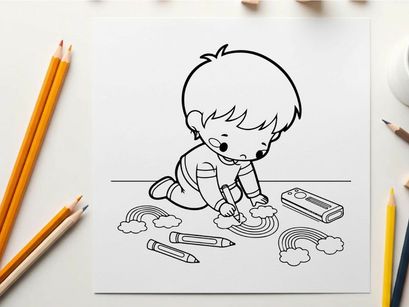 Cute baby drawing with crayons vector illustration flat design