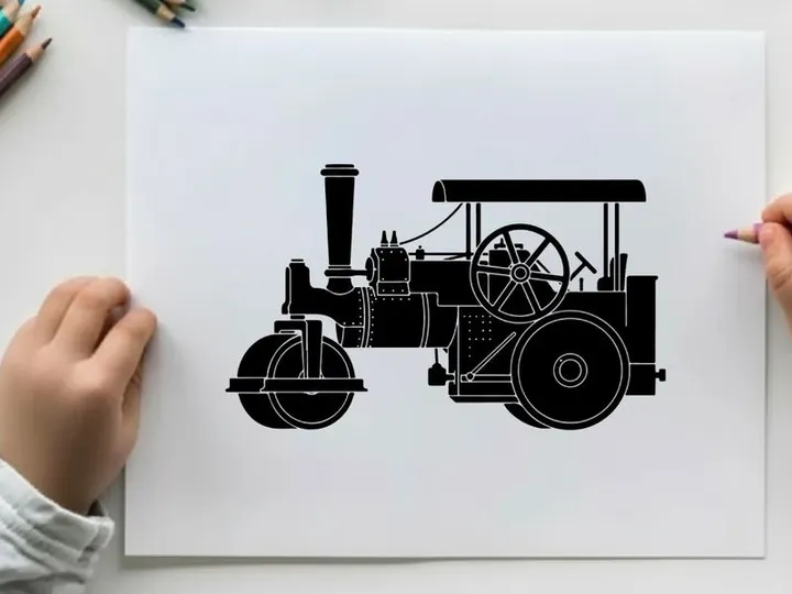 Vintage steam tractor silhouette with large wheels and canopy
