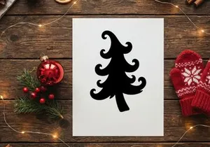 Silhueta preta de uma árvore de Natal estilizada com galhos ondulados em fundo branco