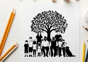 Family silhouette standing under a tree with a dog
