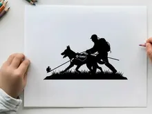Silhouette of a man and dog hiking with backpack and leash