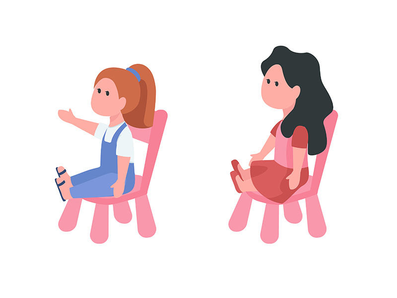 Dolls sitting on chairs semi flat color vector items set