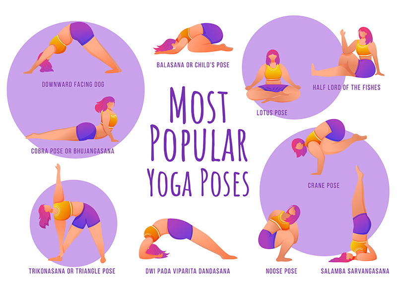 Popular yoga poses violet vector infographic template