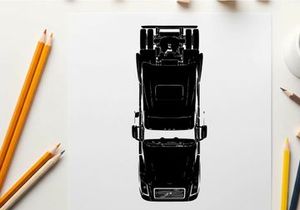 Silhouette of a semi truck from above in black and white
