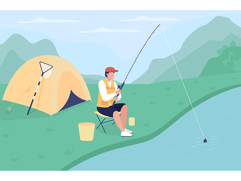 Lake fishing flat color vector illustration
