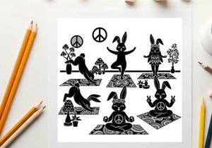 Peaceful silhouette of rabbits and humans in yoga poses with peace signs