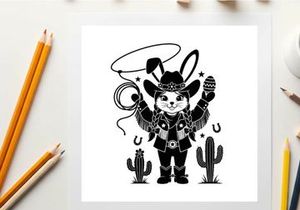 Western bunny silhouette in cowboy hat with lasso and cacti