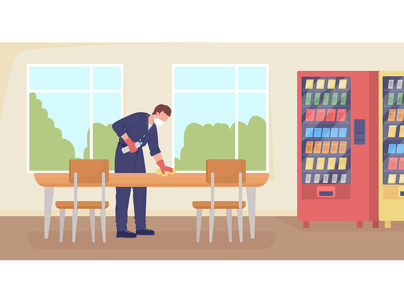 Cleaning cafeteria flat color vector illustration