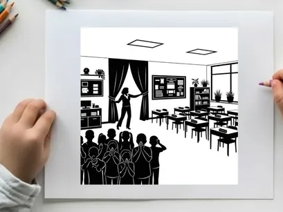 Silhouette of a teacher and students in a classroom setting with curtains