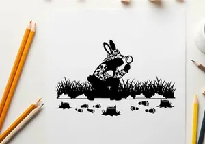 Silhouette of a rabbit searching with magnifying glass silhouette