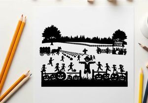 Halloween silhouette of children playing in a pumpkin patch