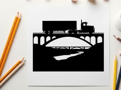 Truck crossing bridge silhouette against white background