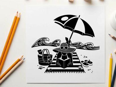 Beach scene silhouette with umbrella and beach bag