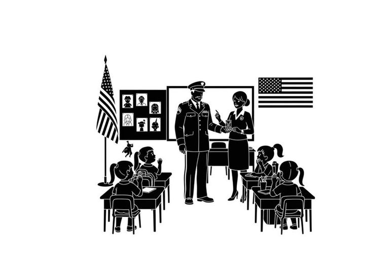 Police officer visits classroom with teacher and students in silhouette