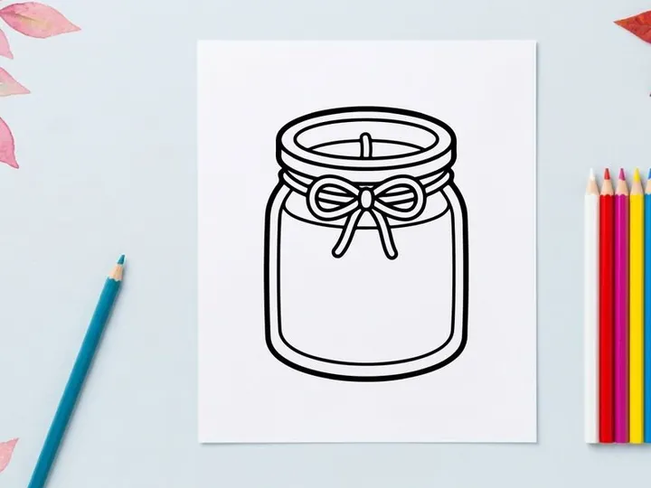 Scented candle in a glass jar icon. Simple line art drawing of a decorative wax candle.