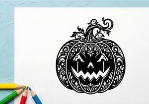 Halloween pumpkin with carved smiling face and intricate design