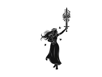 Silhouette of a woman holding a sword with flowers and butterflies preview picture