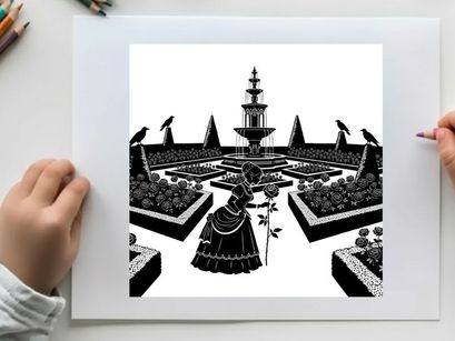 Silhouette of a woman in a mysterious garden with a fountain and ravens