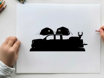 Silhouette of a pickup truck with tents and deer antlers