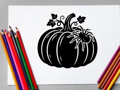 Silhouette of a pumpkin with a spider and leaves for Halloween decor