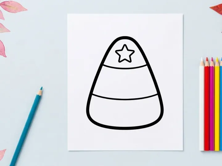 Candy corn coloring page. Simple Halloween treat line art for kids.