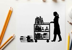 Silhouette of woman pushing a book cart with silhouette