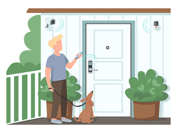 Guy using smart home security flat color vector faceless character preview picture