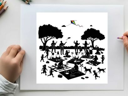 Silhouette of people and dogs in a park with trees and a kite