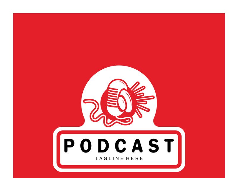podcast logo with microphone and earphone audio, radio waves. for studio, talk show, chat, information sharing, interview, multimedia and web.