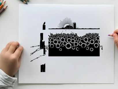 Silhouette of a cityscape with bubbles and a bird