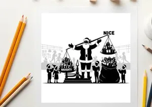 Santa claus weighing presents in silhouette style on christmas
