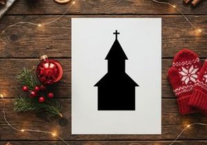Black silhouette of a church building with a cross on a white background