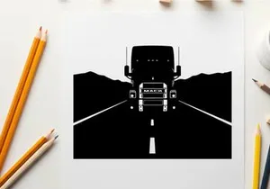 Silhouette of a large truck driving down a deserted highway at night