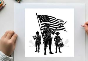 American soldier silhouette with flag and military band