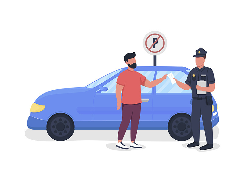 Policeman giving parking fine semi flat color vector characters