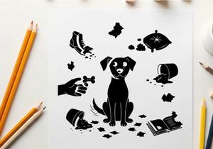Silhouette of a dog surrounded by scattered items silhouette