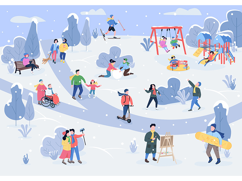 Rest in winter park flat color vector illustration