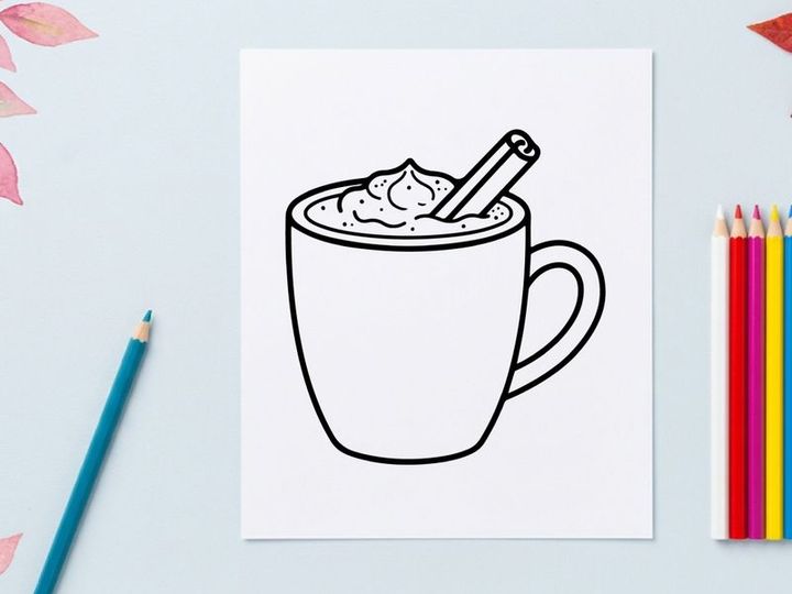 Hand drawn illustration of a mug with whipped cream and cinnamon