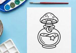 Hand-drawn Halloween magic potion bottle with glowing star and mushroom. Vintage sketch of enchanted elixir jar for spells and fantasy decor.