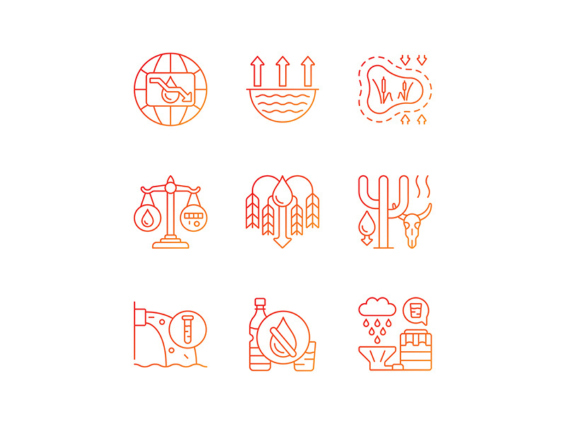 Water resources lacking gradient linear vector icons set