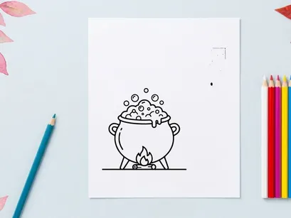 Cute cartoon witch cauldron with bubbling potion and smoke. Halloween magic brew illustration for kids and festive designs.